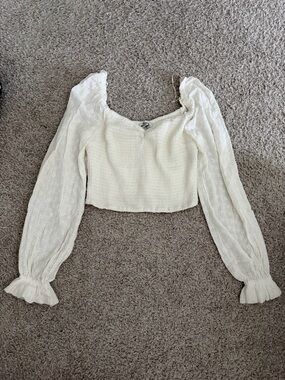 Hollister White Smocked Eyelet Long-Sleeve Crop Top